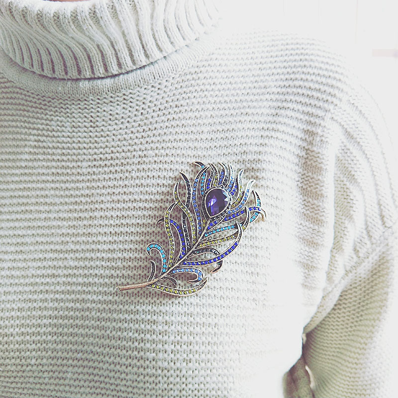 Crystal Peacock Feathers Brooch — Boho Enamel Pin