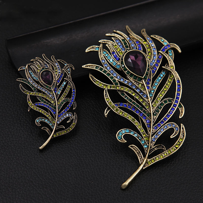 Crystal Peacock Feathers Brooch — Boho Enamel Pin