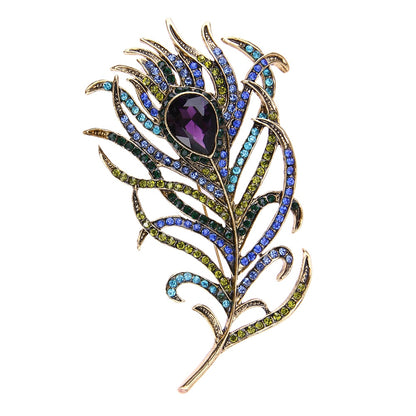 Crystal Peacock Feathers Brooch — Boho Enamel Pin