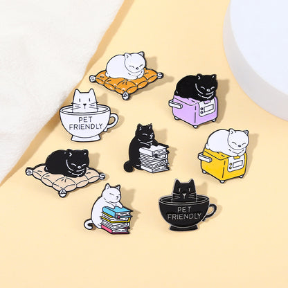Cartoon Cute Black And White Cat Lazy Coffee Alloy Brooch