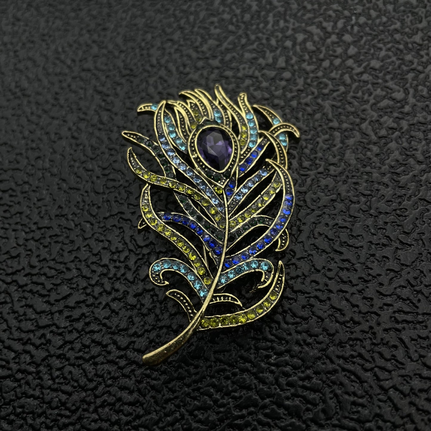Crystal Peacock Feathers Brooch — Boho Enamel Pin