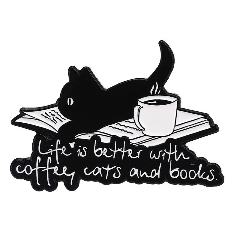 Cartoon Cute Black And White Cat Lazy Coffee Alloy Brooch