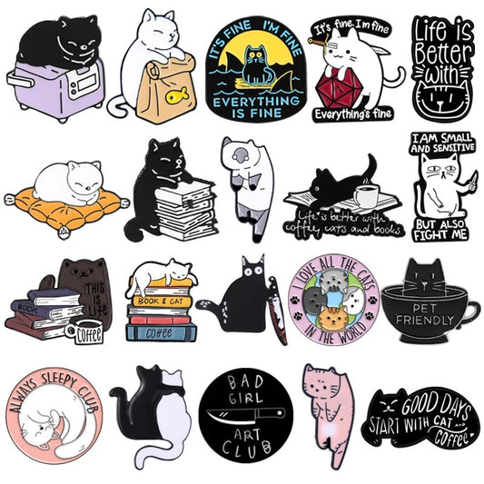Cartoon Cute Black And White Cat Lazy Coffee Alloy Brooch
