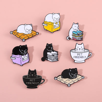 Cartoon Cute Black And White Cat Lazy Coffee Alloy Brooch