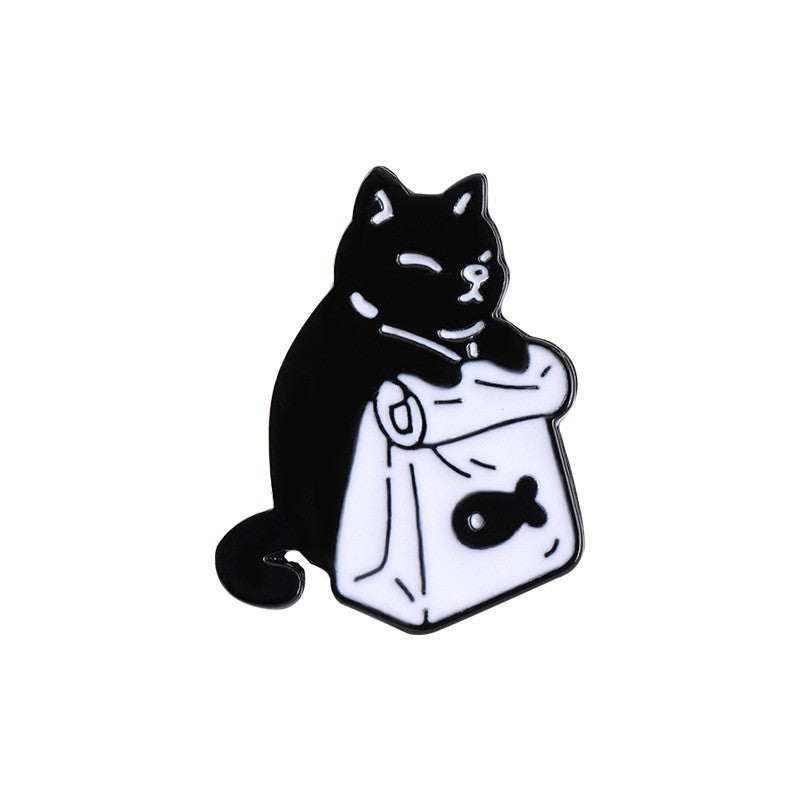 Cartoon Cute Black And White Cat Lazy Coffee Alloy Brooch