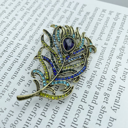 Crystal Peacock Feathers Brooch — Boho Enamel Pin